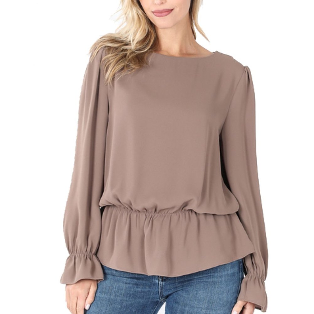 Mocha Woven Wool Peach Puff Sleeve Blouse